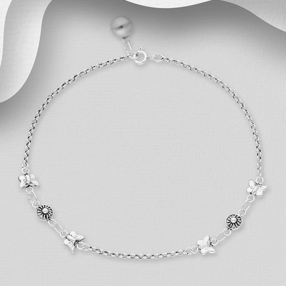 925 Sterling Silver Bell and Butterfly Anklet Ankle Bracelet